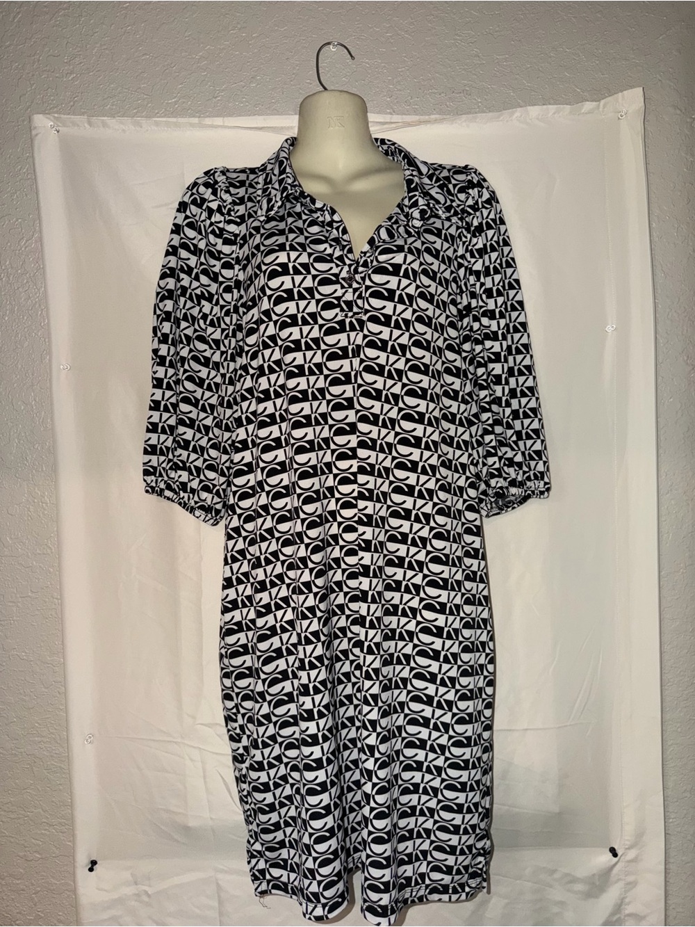 Calvin Klein Black & White Logo Midi Shirt Dress